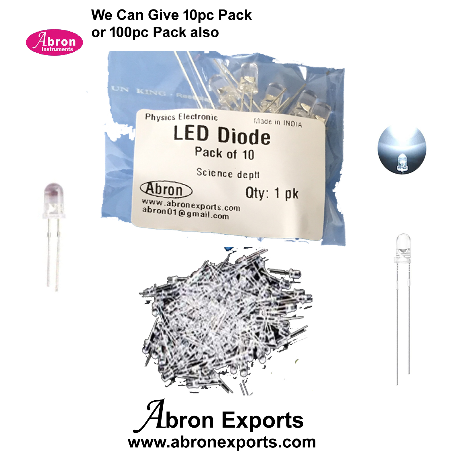 LED Spare Loose 10pc pack Red Green White Blue Yellow 20 Each Total 100pc 3-4VDC 2legs Abron AE-1299LW 